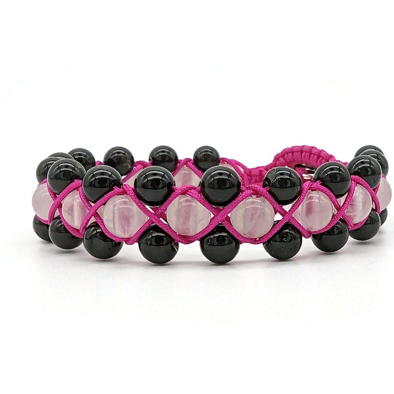 Black Tourmaline & Rose Quartz X-Weave Button Bracelet